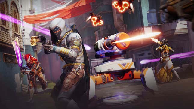 Destiny Guardians are seen brandishing weapons and running.