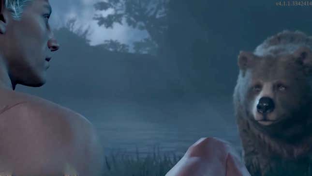 The vampire Astarion (left) and the druid Halsin (right, bear form) are about to get it on in Baldur's Gate 3.
