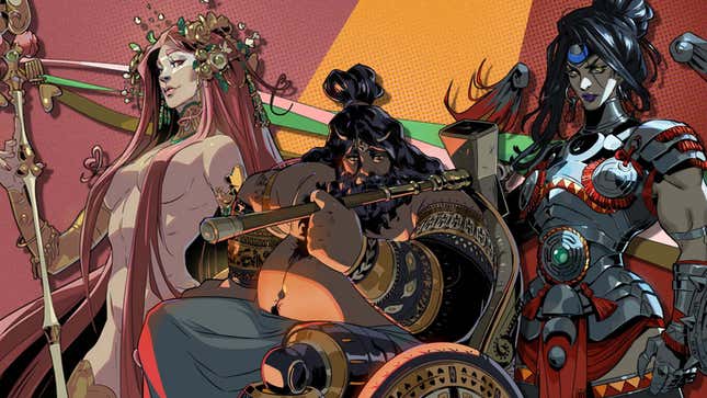 Aphrodite, Hephaestus, and Nemesis stand together in front of a colorful background.